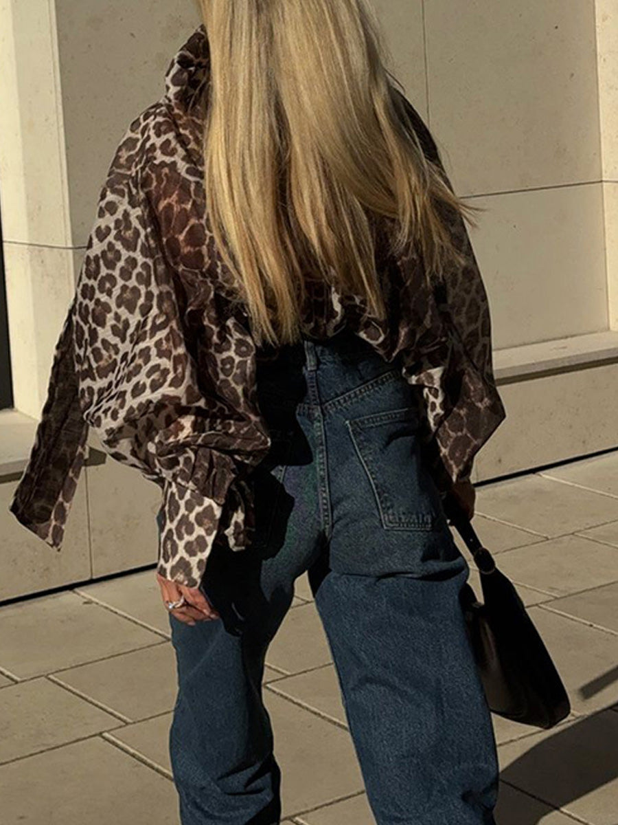 Leopard Printed Bow Long Sleeve Blouse