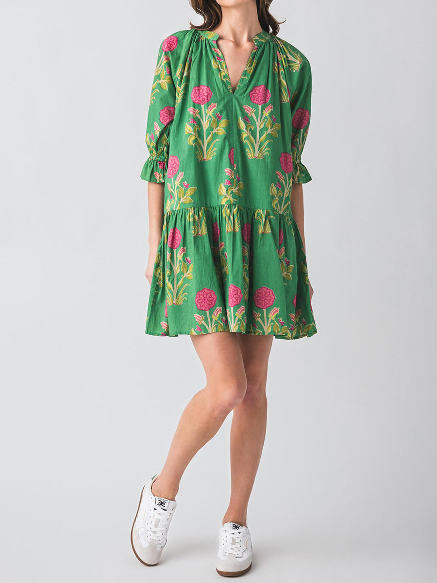 Splitneck Flower Print 3/4 Sleeve Dress