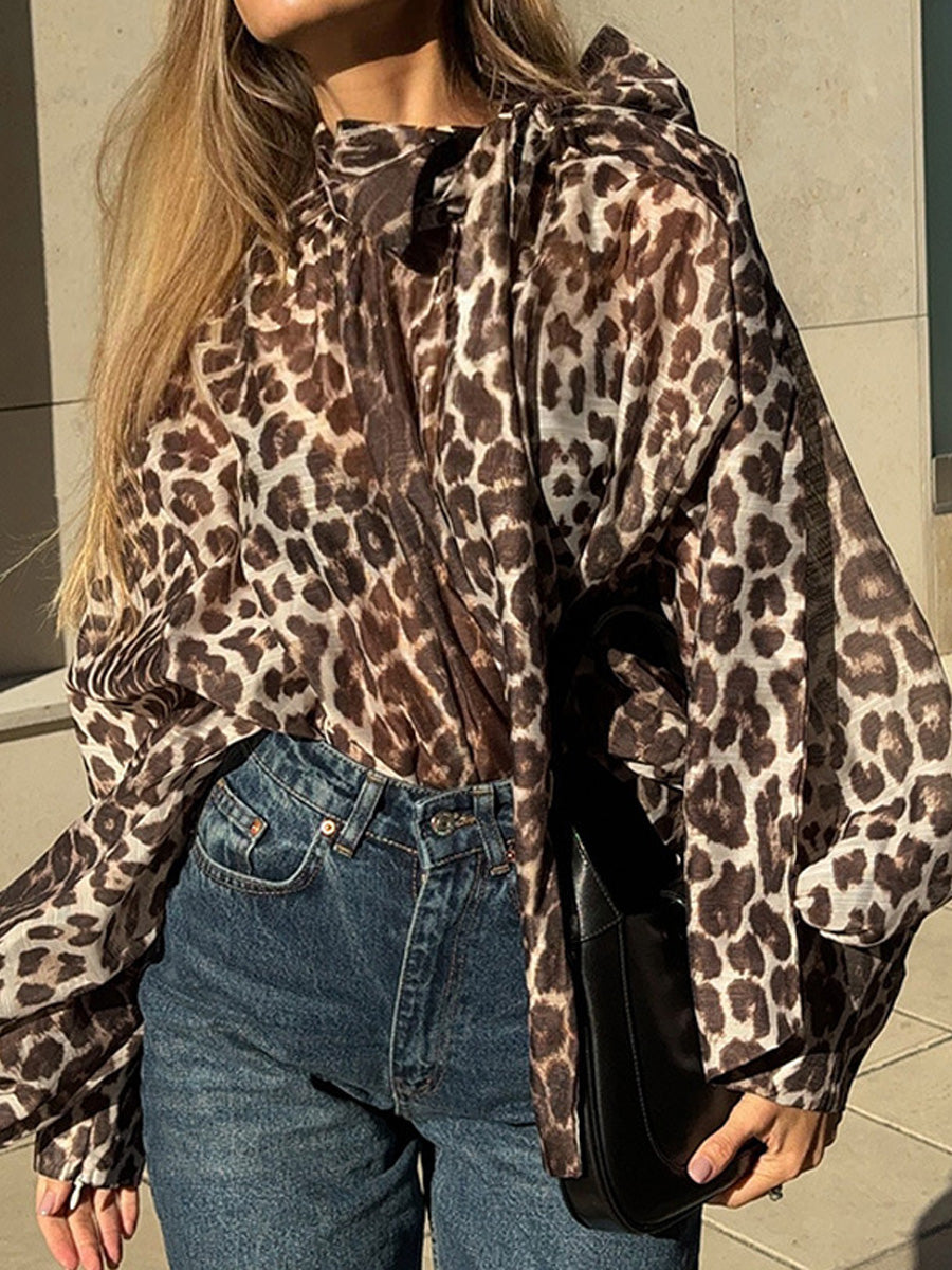 Leopard Printed Bow Long Sleeve Blouse