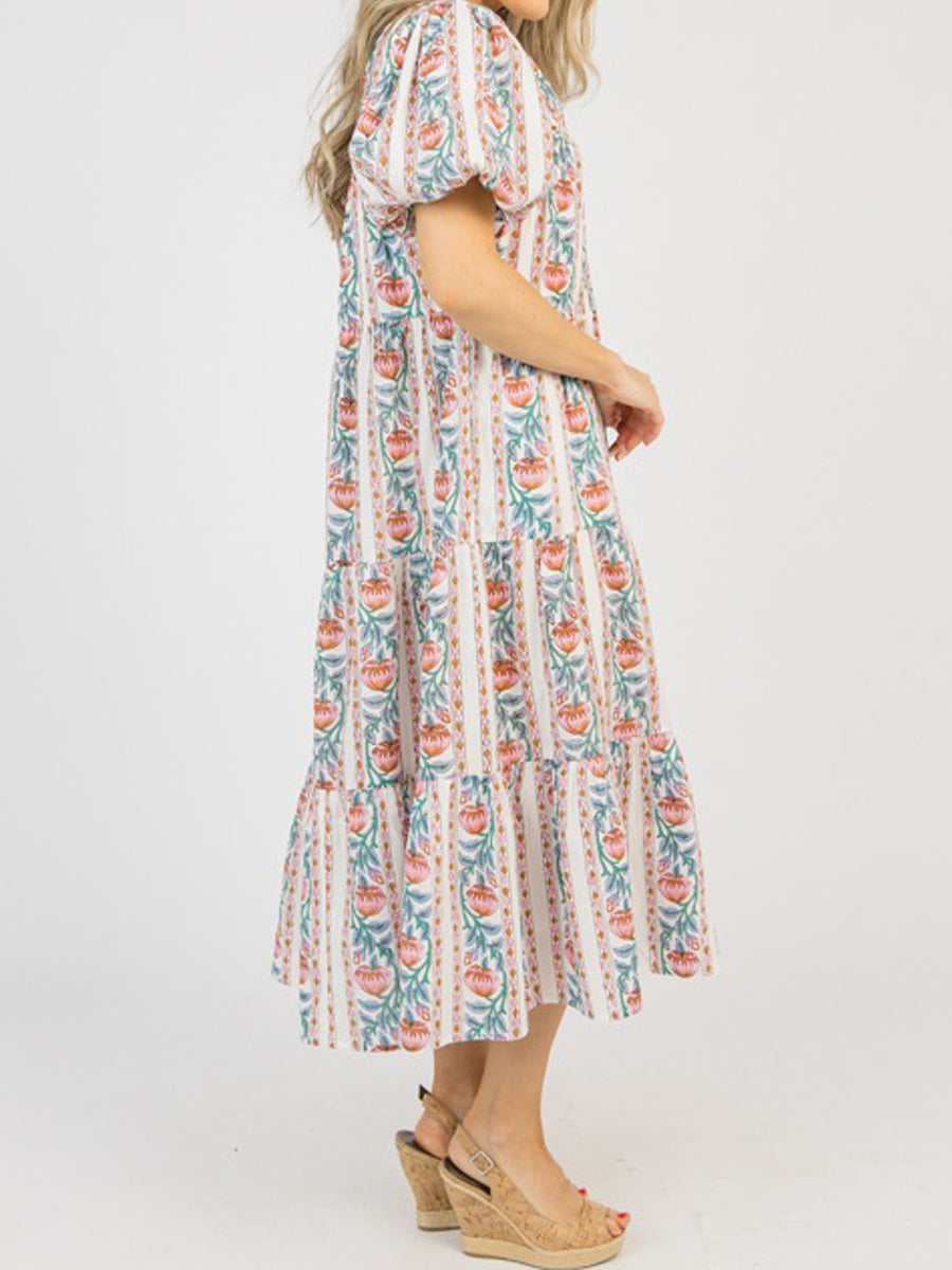 Elastic Sleeve Cuff Printed Midi Dress