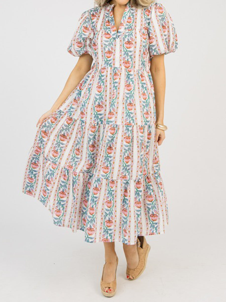Elastic Sleeve Cuff Printed Midi Dress