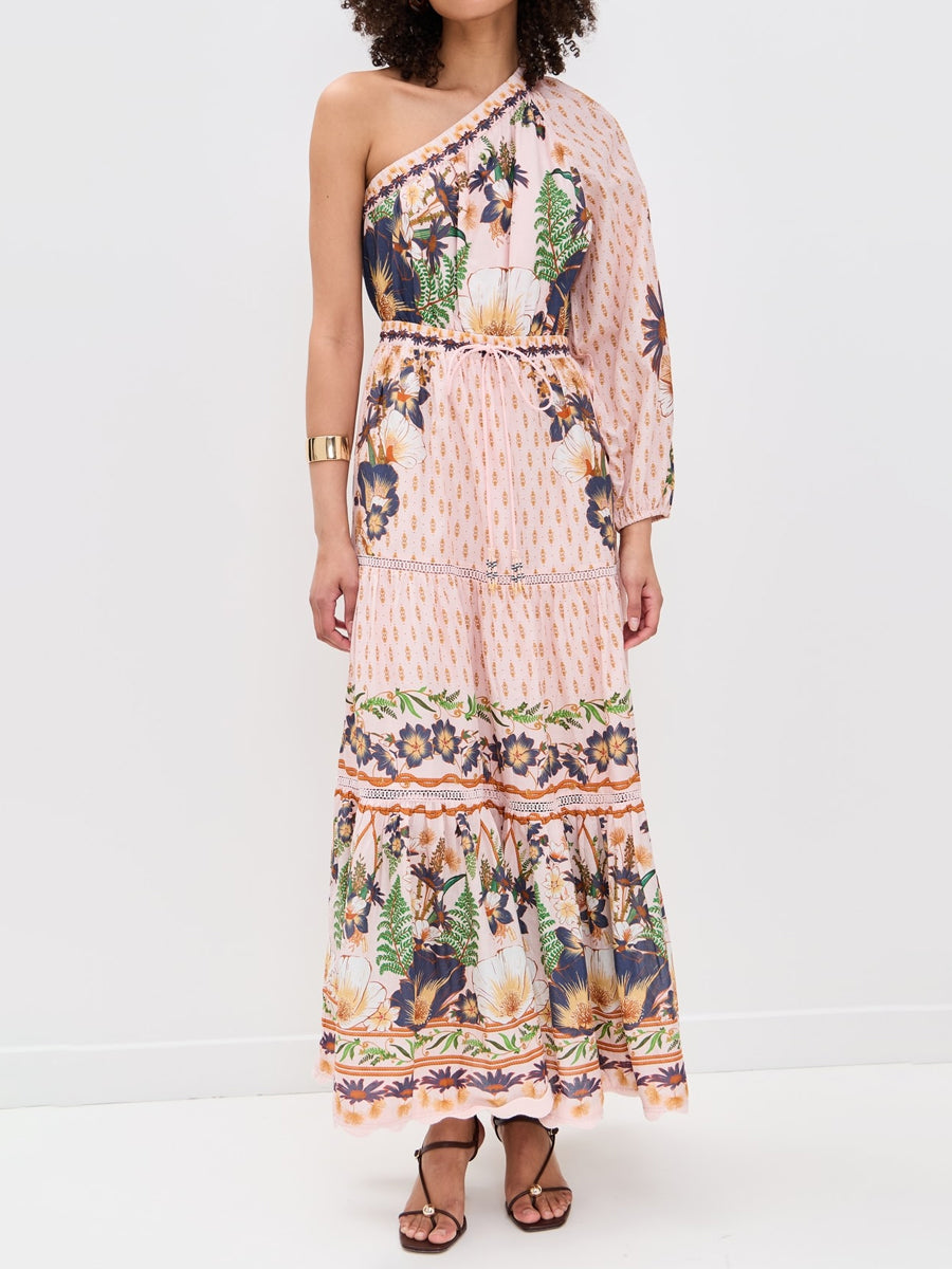 One-shoulder Drawstring Waist Printed Maxi Dress