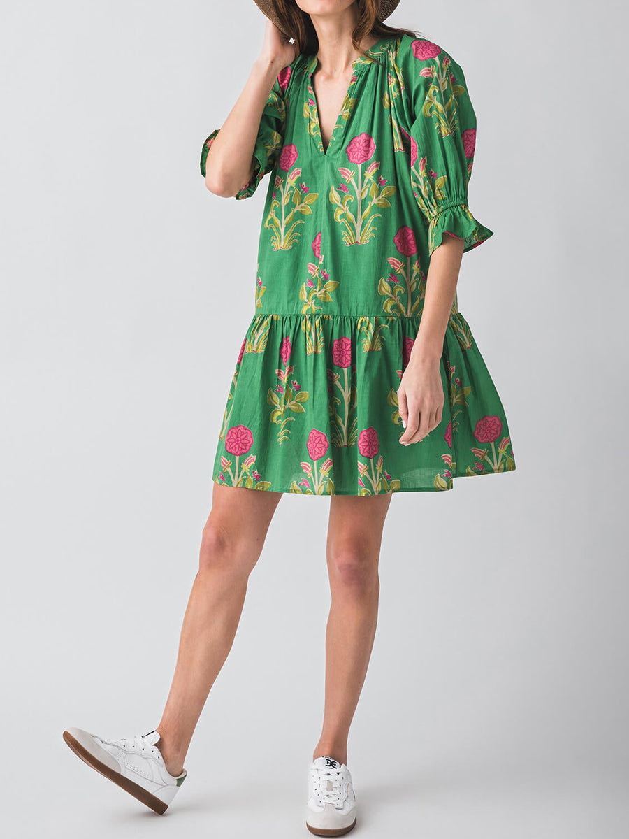 Splitneck Flower Print 3/4 Sleeve Dress