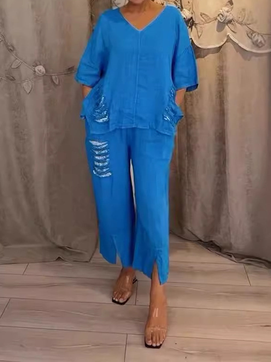 Casual V Neck Hole Sequin Irregular Suit