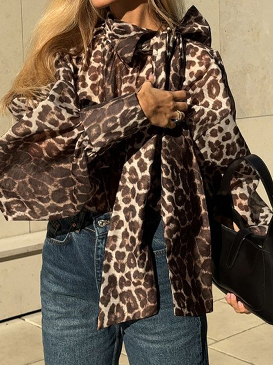 Leopard Printed Bow Long Sleeve Blouse