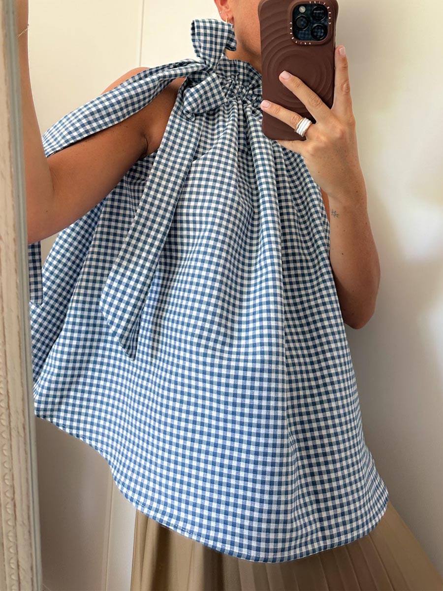 Halter Neck Bow Plaid Print Blouse