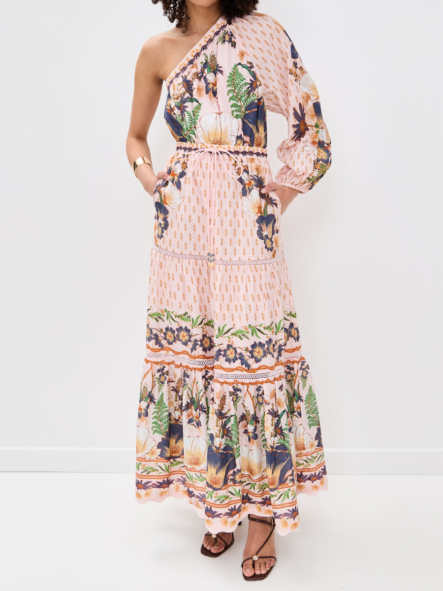 One-shoulder Drawstring Waist Printed Maxi Dress