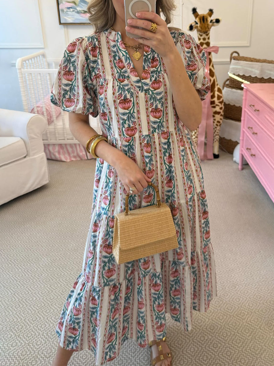Elastic Sleeve Cuff Printed Midi Dress