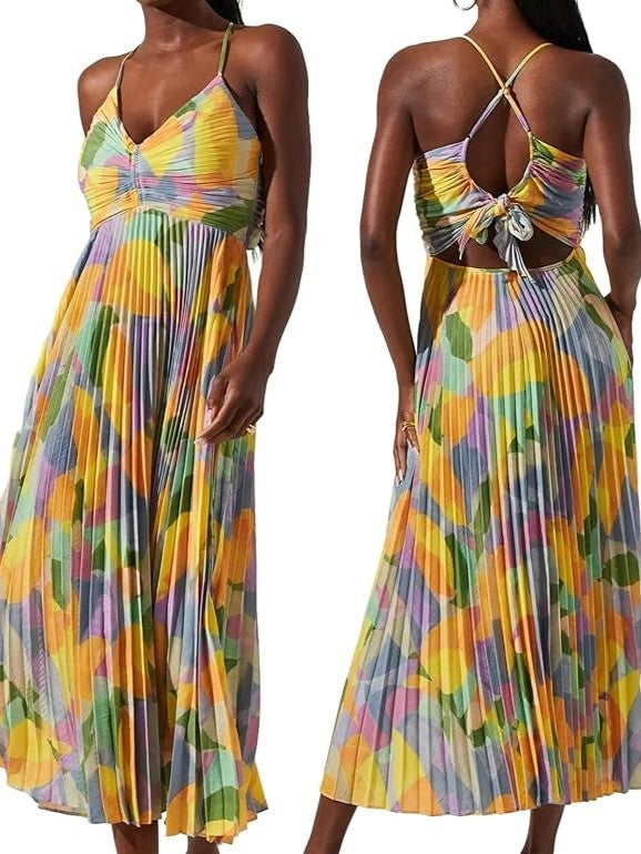 Colorful Printed Pleated Spaghetti Strap Dress