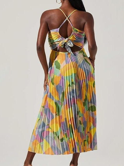 Colorful Printed Pleated Spaghetti Strap Dress