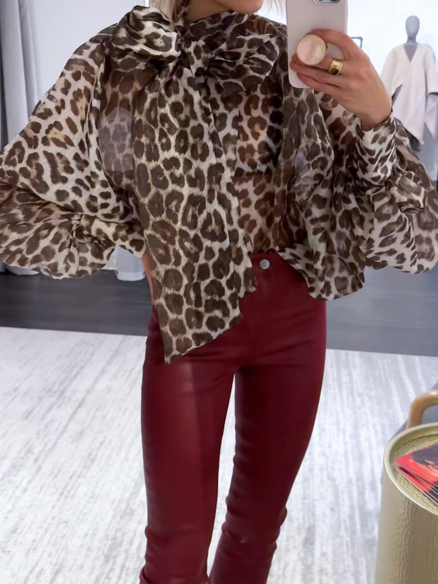 Leopard Printed Bow Long Sleeve Blouse