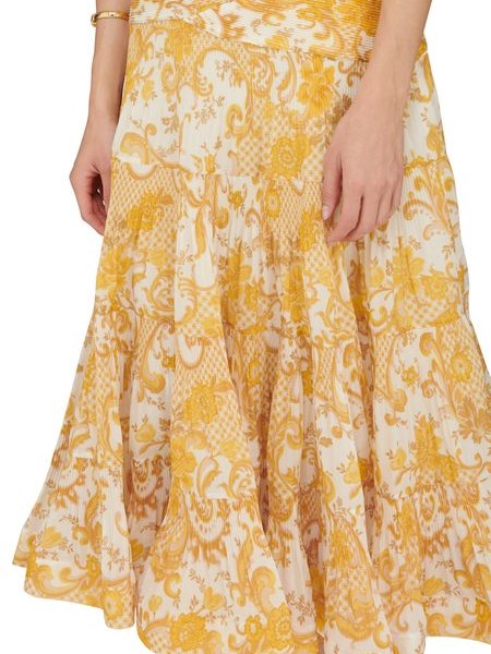 Swirl Floral Yellow Pleated Long Skirt