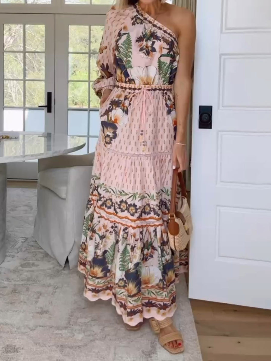 One-shoulder Drawstring Waist Printed Maxi Dress