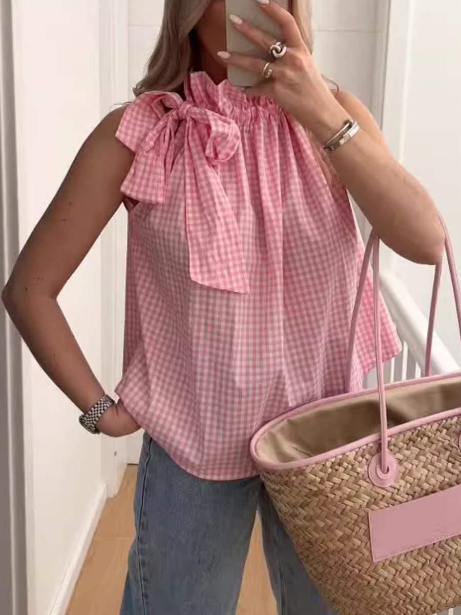 Halter Neck Bow Plaid Print Blouse