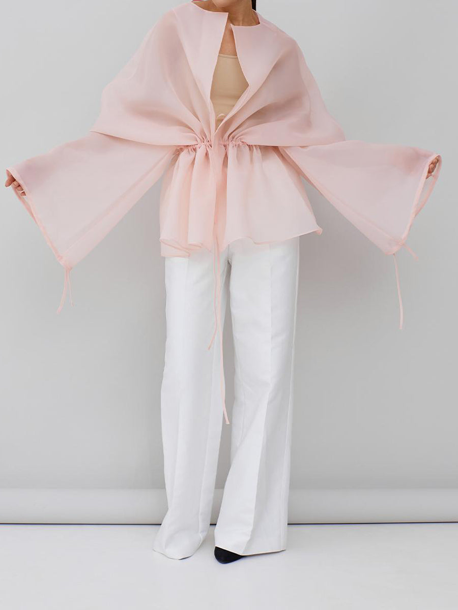 Fashion See-through Mesh Drawstring Belted Cardigan Top