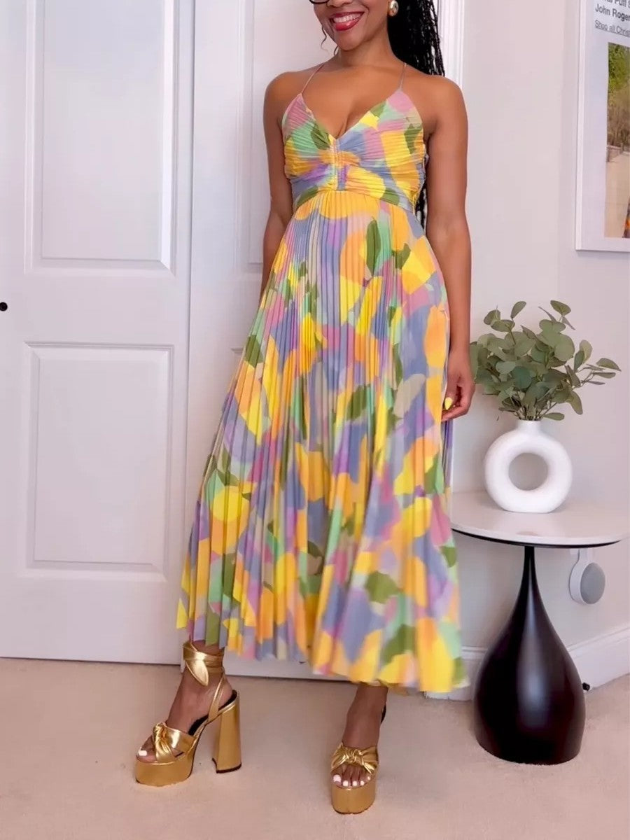Colorful Printed Pleated Spaghetti Strap Dress