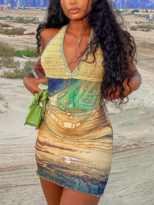 Printed Colorblock Halter Dress