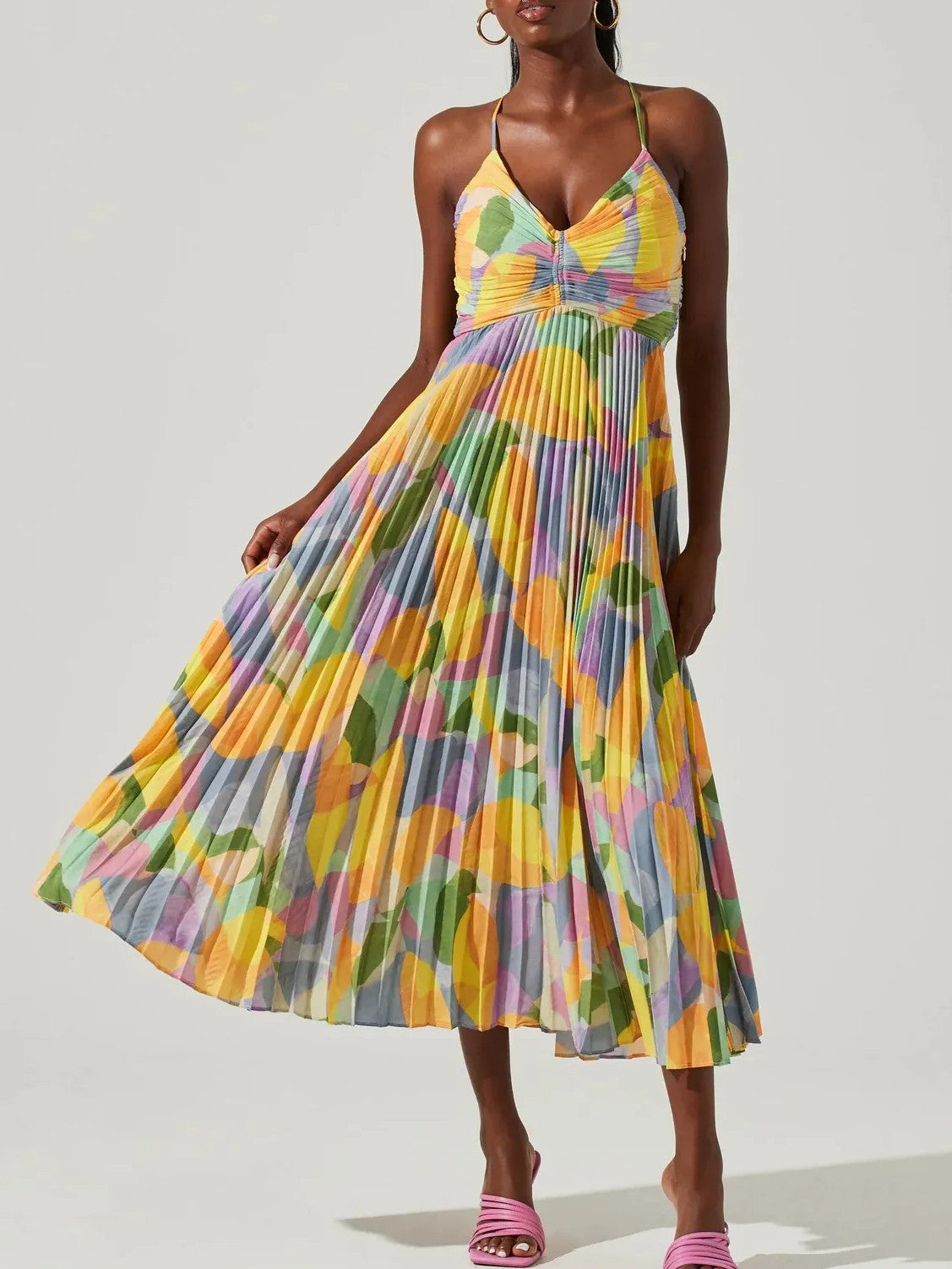 Colorful Printed Pleated Spaghetti Strap Dress