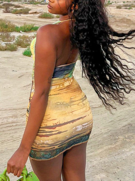 Printed Colorblock Halter Dress