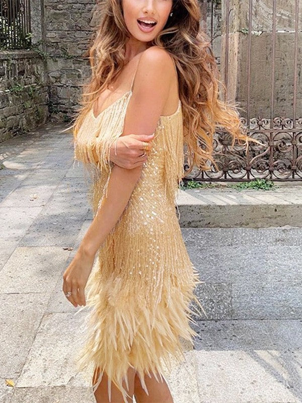 V-neck Feather Patchwork Dress
