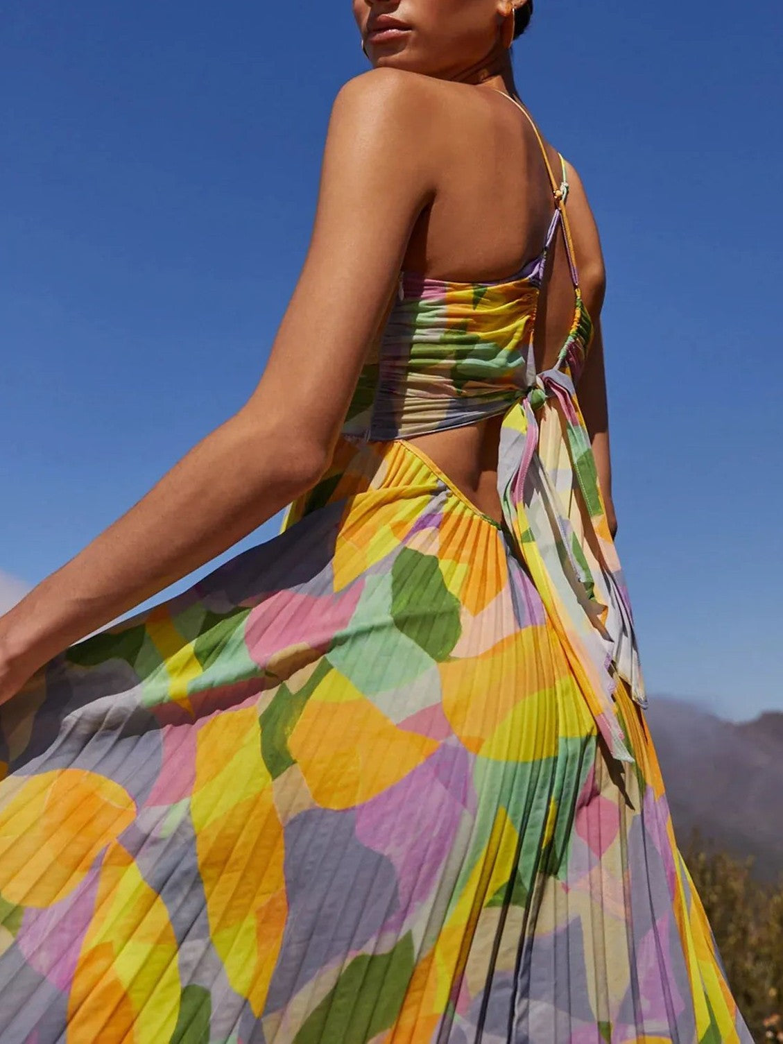 Colorful Printed Pleated Spaghetti Strap Dress