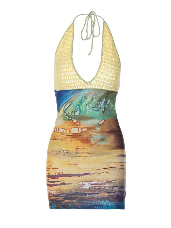 Printed Colorblock Halter Dress