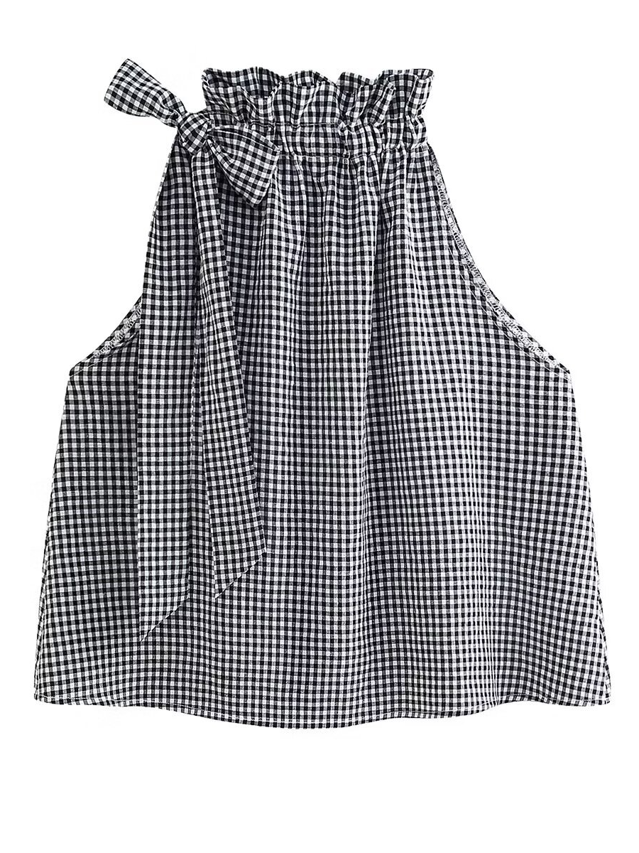 Halter Neck Bow Plaid Print Blouse