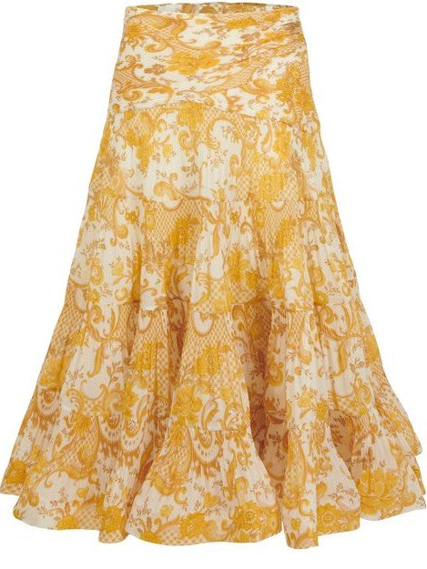 Swirl Floral Yellow Pleated Long Skirt