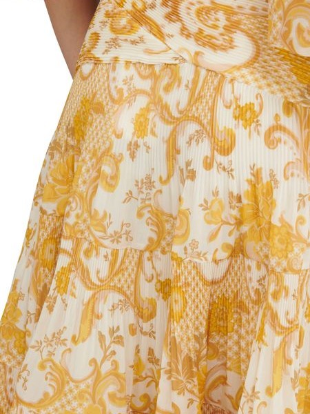 Swirl Floral Yellow Pleated Long Skirt