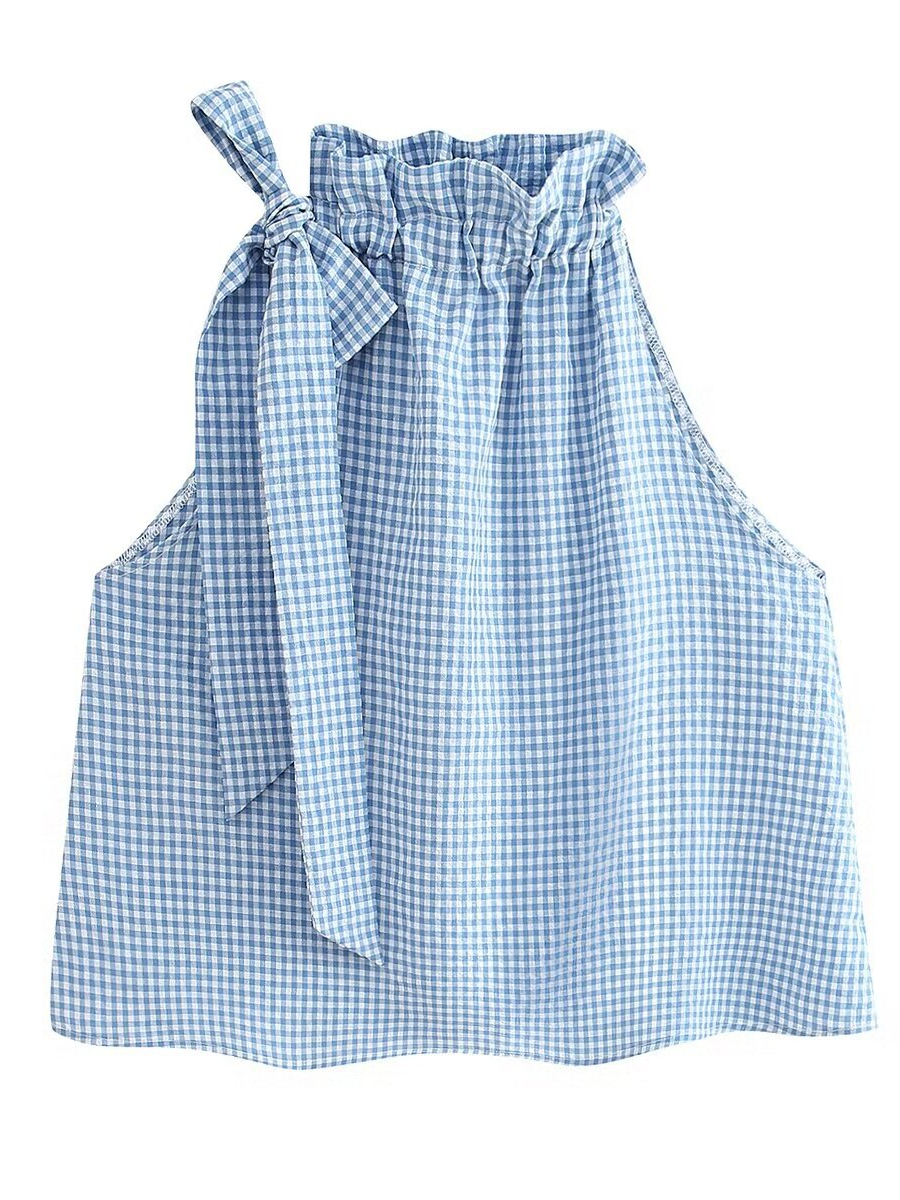 Halter Neck Bow Plaid Print Blouse