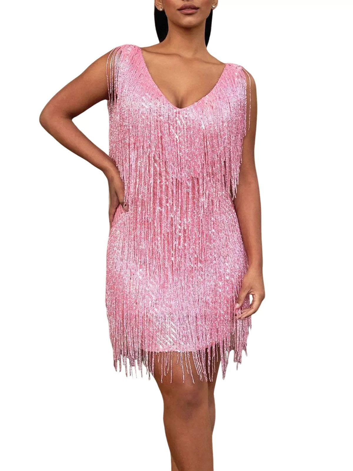V-neck Sleeveless Fringe Midi Dress