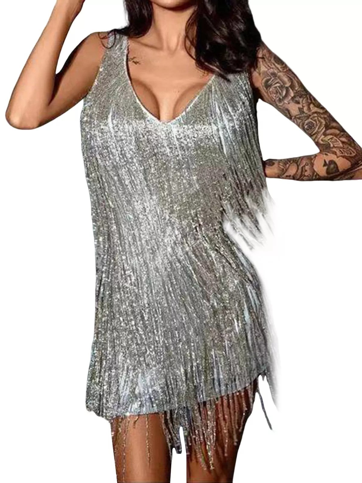 V-neck Sleeveless Fringe Midi Dress