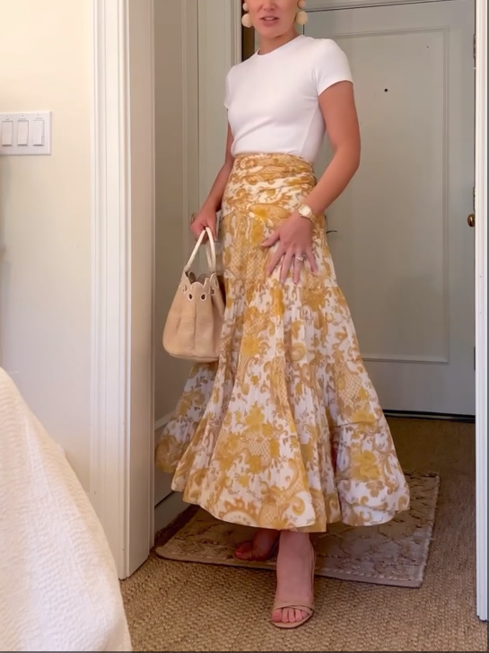 Swirl Floral Yellow Pleated Long Skirt