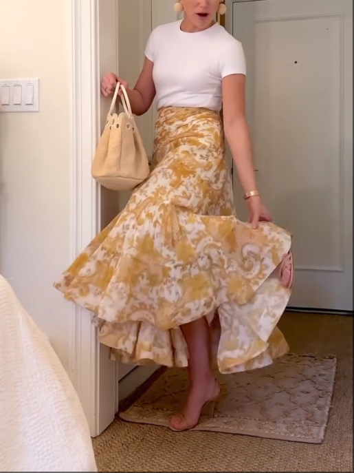 Swirl Floral Yellow Pleated Long Skirt