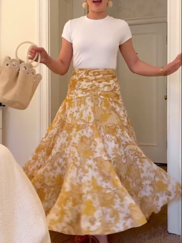 Swirl Floral Yellow Pleated Long Skirt