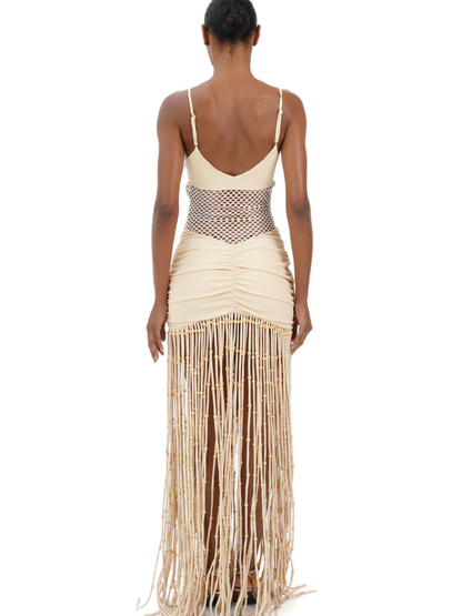 Strapless Mesh Ruffled Fringe Dress