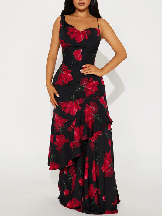 Elegant Floral Ruffle Maxi Dress
