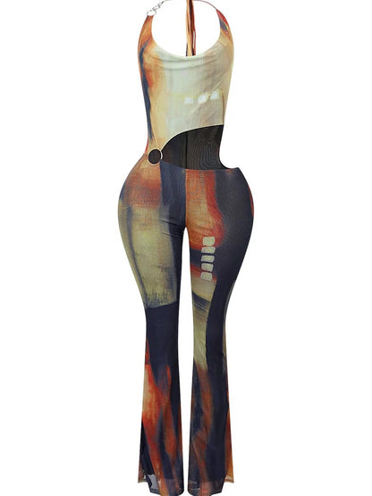 Print Mesh Cowl Neck Jumpsuit