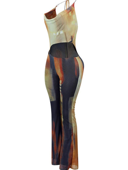 Print Mesh Cowl Neck Jumpsuit