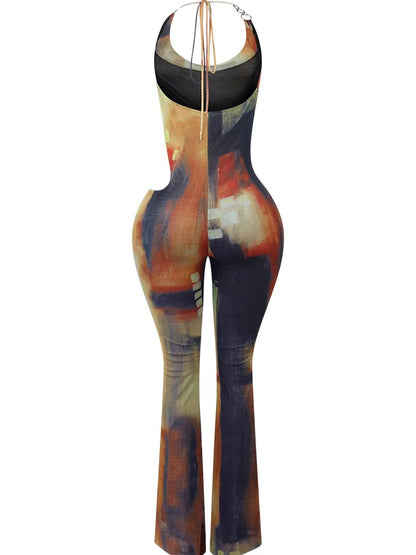 Print Mesh Cowl Neck Jumpsuit
