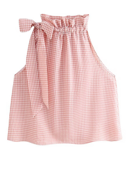 Halter Neck Bow Plaid Print Blouse