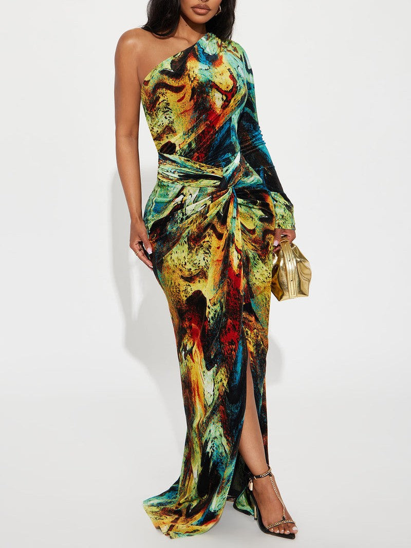 One-Shoulder Abstract Print Maxi Dress
