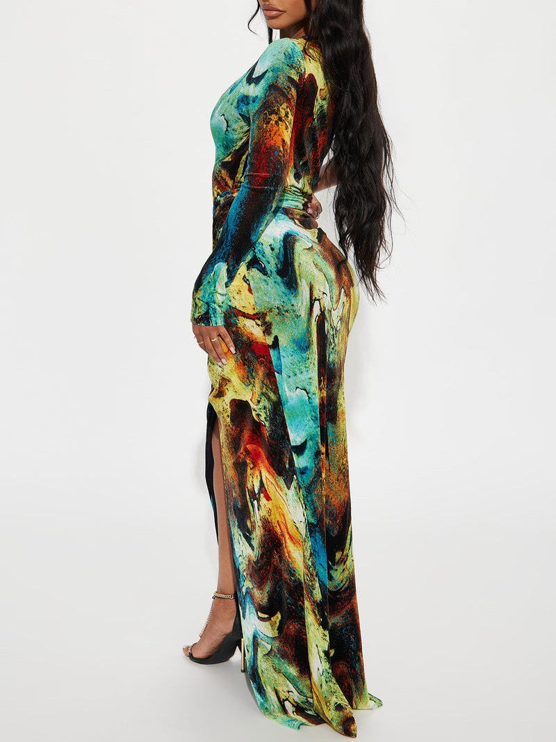 One-Shoulder Abstract Print Maxi Dress