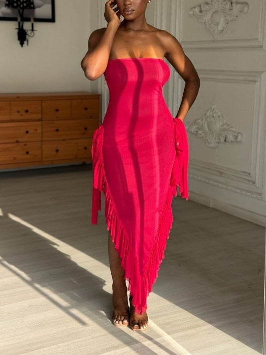 Off-Shoulder Fringe Hem Dress