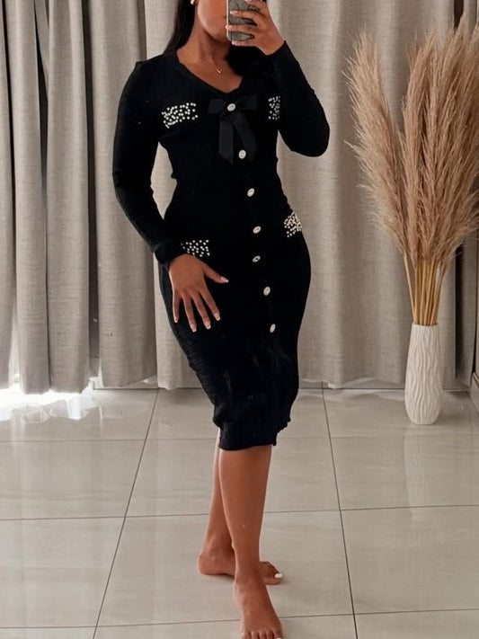 Bow Studded Pocket Midi Dress
