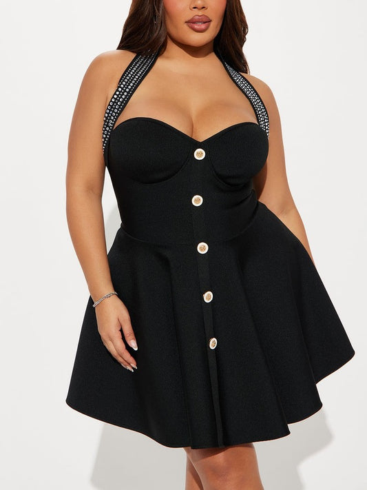 Elegant Rhinestone Neck Halter Mini Skirt