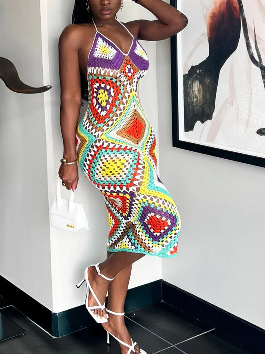 Boho Knit Crochet Midi Dress