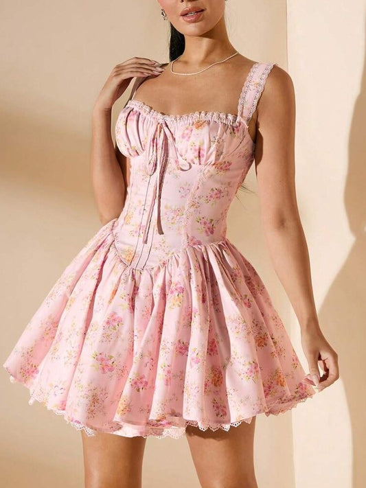 Pink Floral Puff Dress