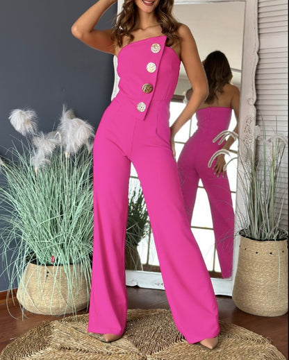 Strapless Button-Detail Jumpsuit