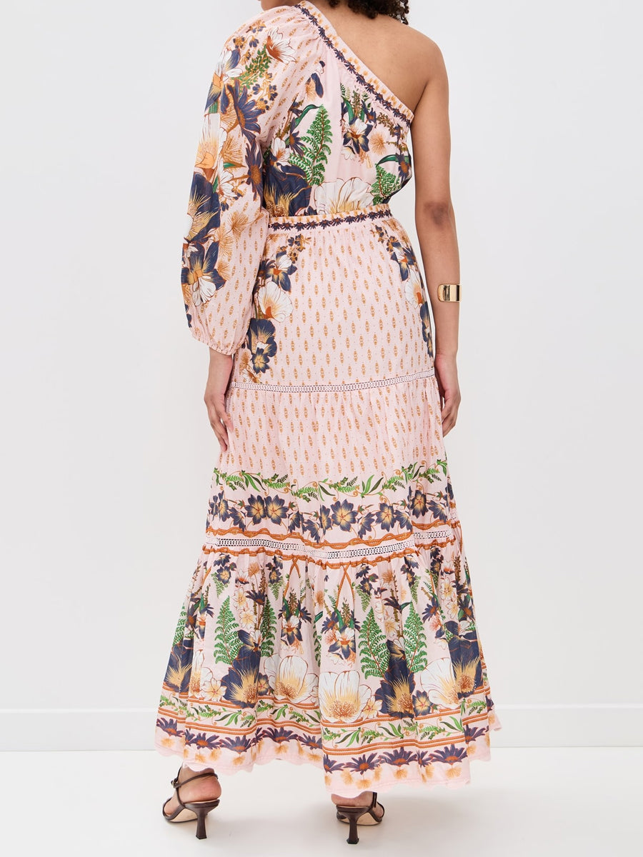 One-shoulder Drawstring Waist Printed Maxi Dress